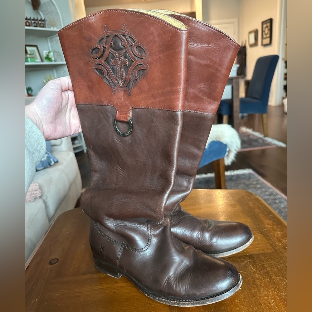 Frye Melissa Logo Brown Leather Boots, 7.5